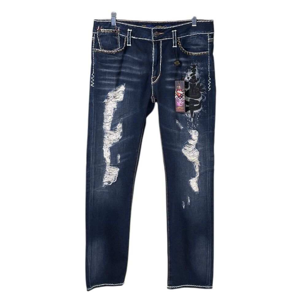 Ed Hardy Christian Audigier Womens 30 Dark Wash Embellished Y2K 90s Jeans NWT